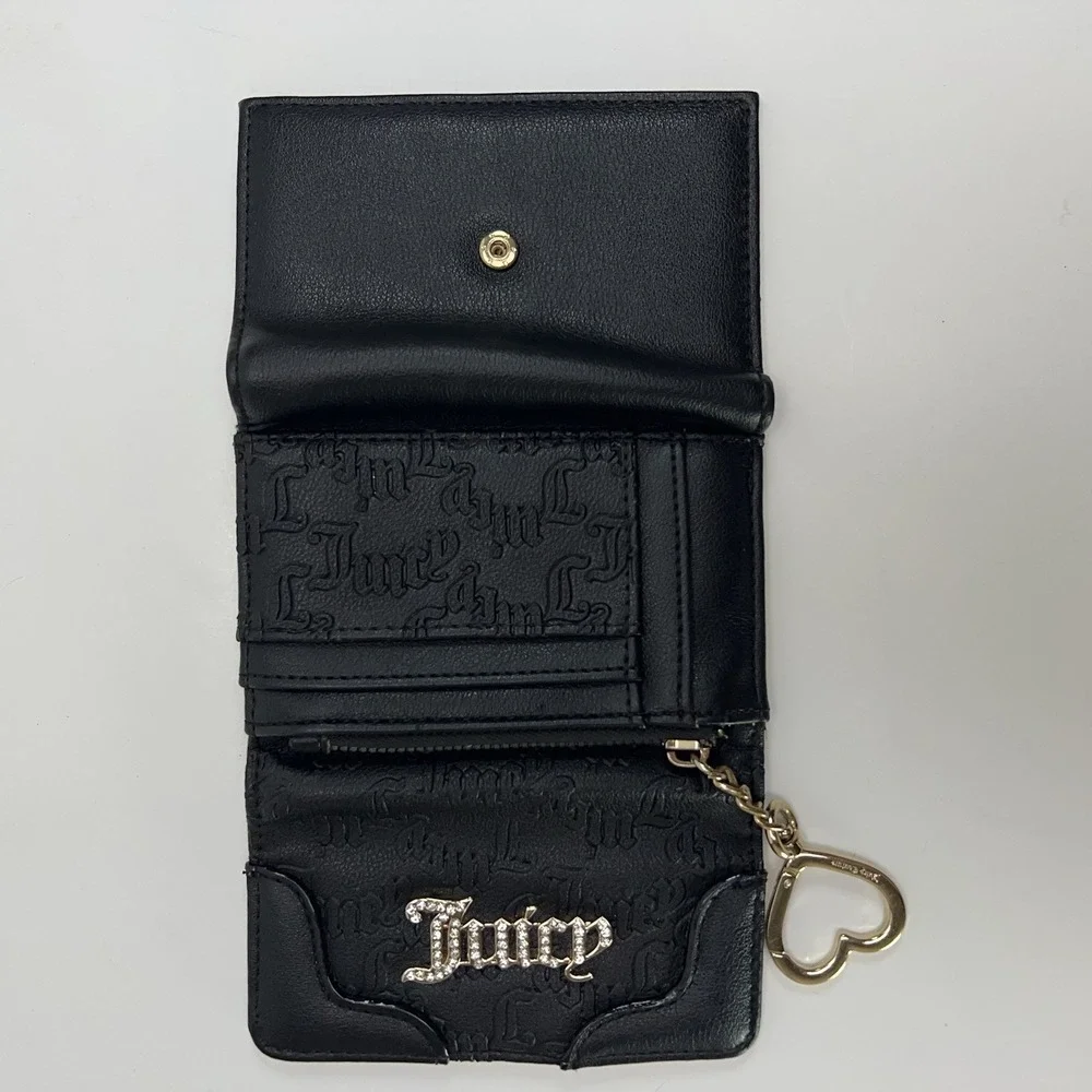 Juicy Couture Heartless Trifold Wallet Double Sided Gold Charm Liquorice Black
